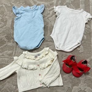 Janie and Jack baby girls lot (2 bodysuits, 1 cardigan, 1 pair of shoes)